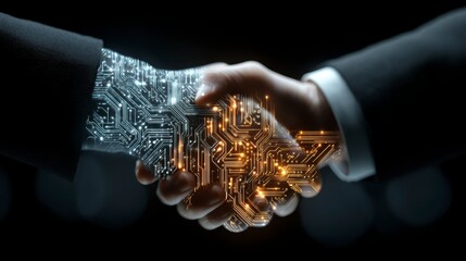 Close-up of two people shaking hands, one hand morphing into digital circuit boards, symbolizing technology integration