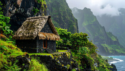 Dark stone hut with thatched roof on a lush green cliff overlooking the ocean image