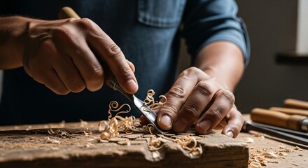 Craftsman Hands Carving Wood with Chisel on Workbench, Close-up