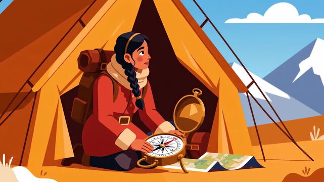 Woman In Tent Uses Compass Seeking Directions For Journey Exploration Adventure