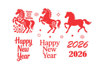 Happy New Year 2026 horse vector set, festive red design vector illustration