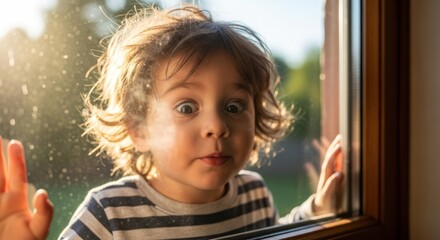 A young child with curly hair looking out a window with a surprised expression.