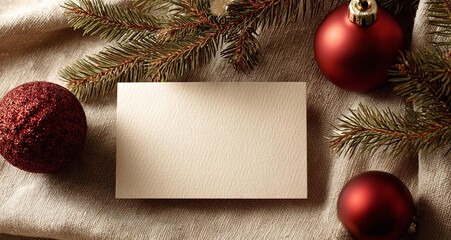 Christmas greeting card mockup with blank beige paper on textured linen fabric background surrounded by red ornaments and green spruce pine branches for festive holiday celebration and message
