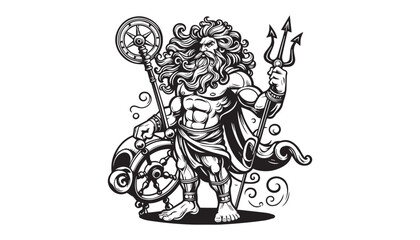 Naklejka premium Vector illustration of cartoon Poseidon God black and white drawing For children to learn to color according to the picture.