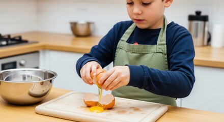 A young boy in an apron cracking an egg on a cutting board in a kitchen.