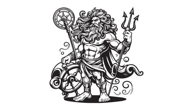 Vector illustration of cartoon Poseidon God black and white drawing For children to learn to color according to the picture.