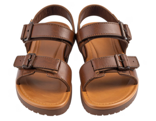 Brown velcro strap sandals, isolated on transparent background.