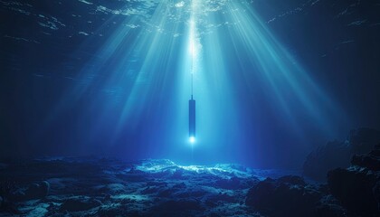 Mysterious underwater monolith illuminated by bright beam of light, deep ocean exploration