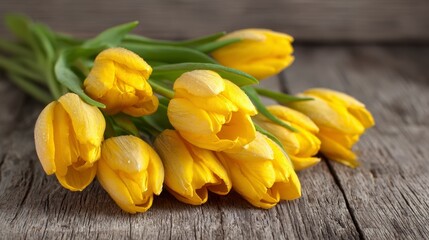 Close-up of vibrant yellow flowers, resting on a rustic wooden surface with their delicate petals on display