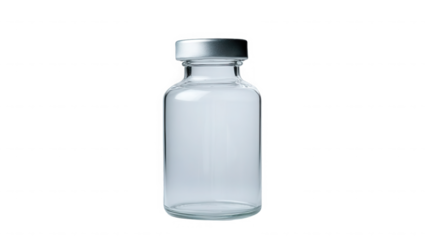 Isolated clear glass vial with a silver cap on a black background in a studio shot with soft lighting on transparent background