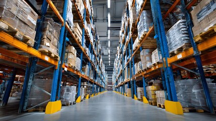 Warehouse Interior with Rows of Shelves and Palletized Goods.