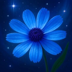 A macro closeup of a beautiful blue daisy blossom with vibrant yellow petals isolated on a black background captures the spring beauty of a floral bloom in nature