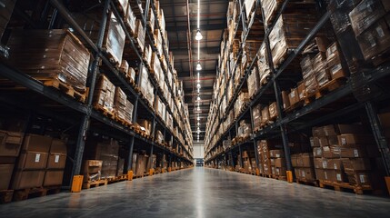 Warehouse interior with rows of shelves filled with boxes.