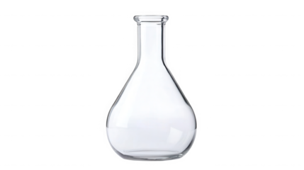 A clear glass erlenmeyer flask with a round bottom and a narrow neck on a black background studio shot on transparent background