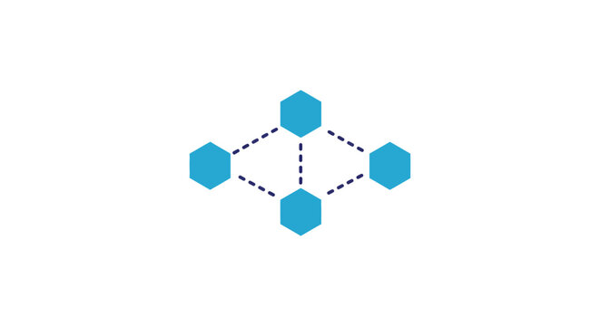 blockchain network diagram with connected hexagon nodes minimalist blue fintech icon on white background for crypto and data security