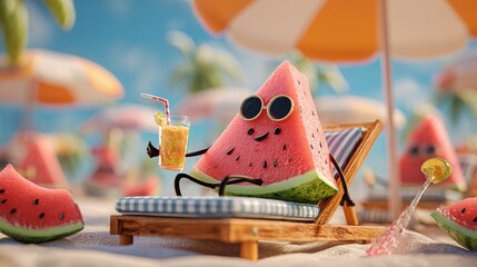 Relaxed Watermelon Character Enjoying Summer Drink on Beach Silhouette