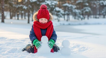 A young child in a red hat and scarf, building a snowman in a snowy park.