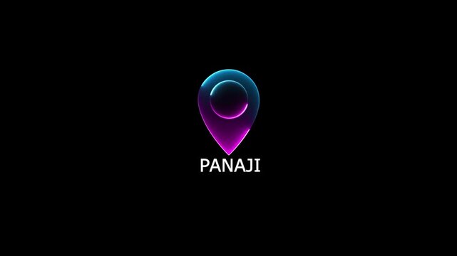 Panaji tex animated video.glowing neon location the name of the place with the location has been displayed.Neon Panaji Marker Chandigarh Highlight GPS location tracking icon,with 4k video animation.