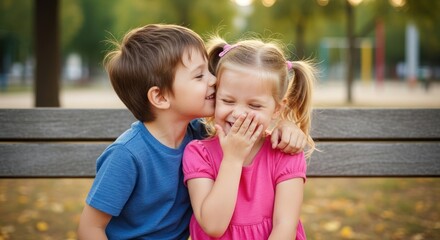 Two children sitting on a park bench, one boy kissing the cheek of the girl.