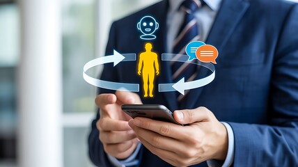 Businessman using smartphone with digital human interface concept