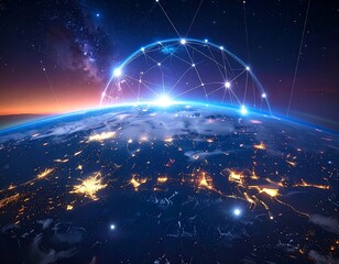 Illuminated Earth at dawn, with a digital network overlay