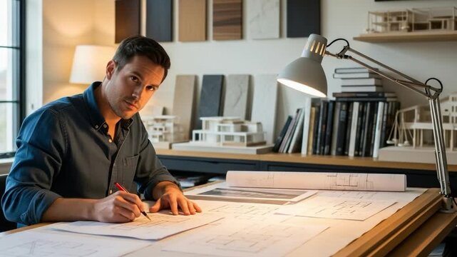 Professional Male Architect Drawing Blueprints in Modern Office Workspace