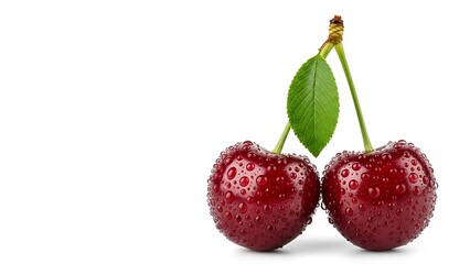 Obraz premium Sweet Cherries Fruits Dew Waterdrops Isolated White Background Healthy Eating Concept