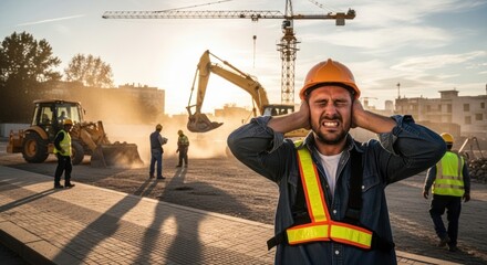 A construction worker in an orange hard hat and safety vest, standing in front of a construction site with cranes and machinery, with a distressed expression on his face.