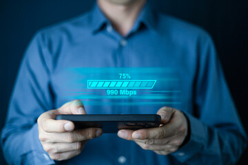 Fast speed internet connection speedtest bandwidth network technology, Man using Internet high speed by smartphone and laptop computer, 5G quality