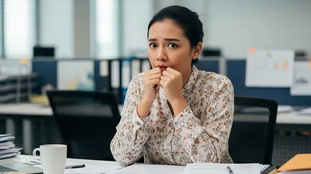 Stressed Female Office Worker in Busy Workplace Anxiety and Overwhelm