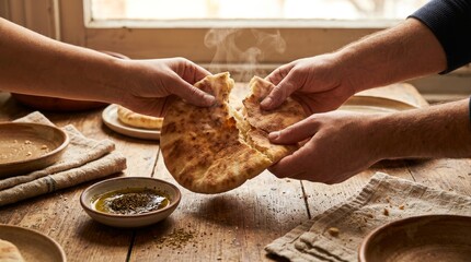 Rustic Sunnah Food Sharing of Breaking Bread with Olive Oil and Zaatar