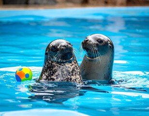 Two seals frolicking in blue water with a colorful ball nearby