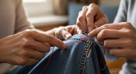 Hands Sewing Colorful Threads on Denim Fabric Close-up