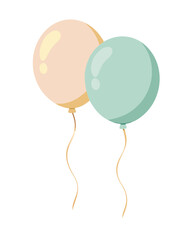 pair of minimal round balloons, clean outline, soft pastel fill, metallic gold ribbon details, floating celebration mood, isolated on white, vector flat minimalism
