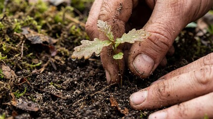 Close-up of dirty hands planting a young oak sapling in fertile soil, symbolizing growth, reforestation, and environmental care