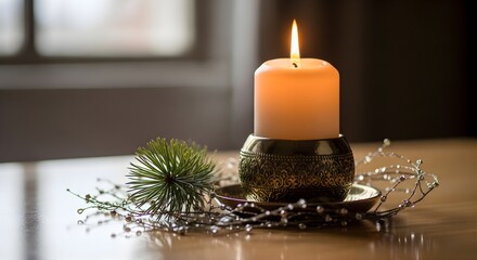 Cozy candlelight with pine and pearls on wooden table
