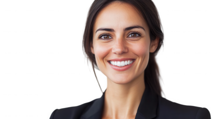 Portrait of a smiling woman with dark hair wearing a black blazer against a dark background on transparent background