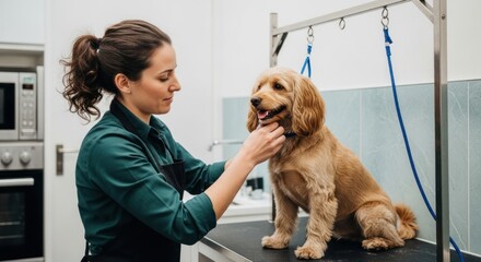 A woman grooming a dog in a salon.