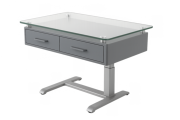 Modern minimalist gray office desk with glass top, metal base, and two storage drawers on transparent background