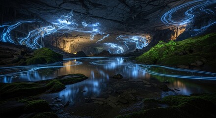 Glowing Cave Interior with Blue Light Trails Reflecting in Underground Water