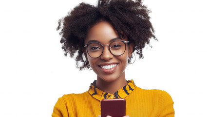 Portrait of a smiling woman with glasses holding a smartphone against a black background isolated image on transparent background