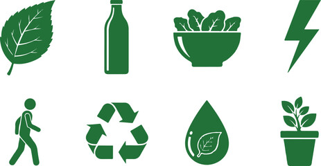 Eight green silhouette icons representing nature and sustainability Keywords: icon, set, collection, leaf, plant, green, bottle, drink, water