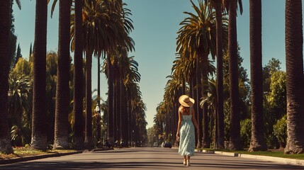 Woman in White Dress Walking on Palm Tree-Lined Avenue.