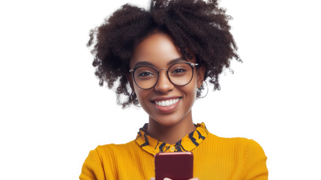 Portrait of a smiling woman with glasses holding a smartphone against a black background isolated image on transparent background - Powered by Adobe