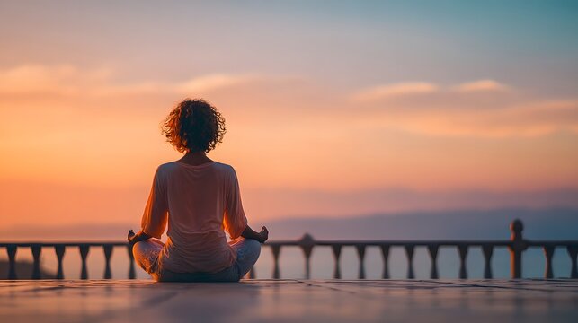 Woman meditating at sunset by the sea, finding inner peace.