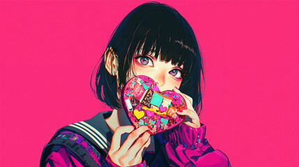 ハートのチョコレートを持つ若い女性