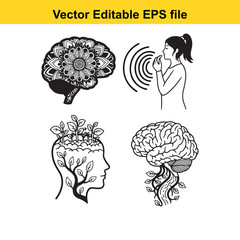 vector illustrations of brain with various creative and abstract designs and a woman