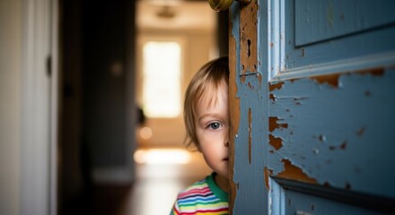 A young child peeking around a worn, blue door with a keyhole.