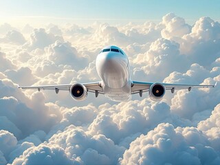 Airplane soaring through fluffy clouds, bright sky in the background