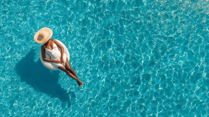 Woman Relaxing on Inflatable in Swimming Pool on Sunny Day.